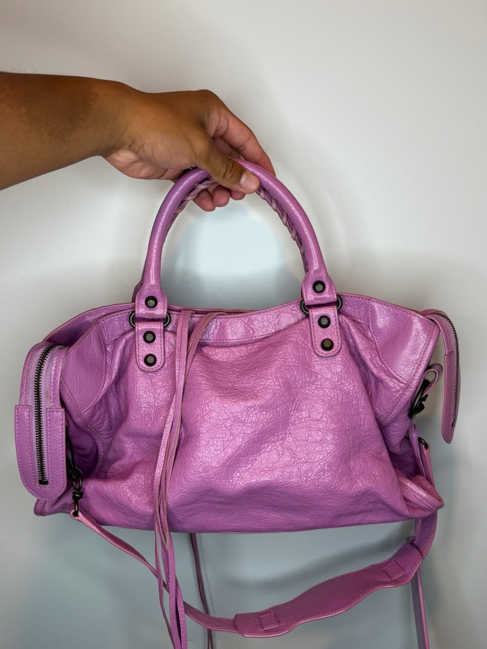 BALENCIAGA Rose Berlingot Lambskin Leather Motorcycle City Bag - Picture 2 of 11